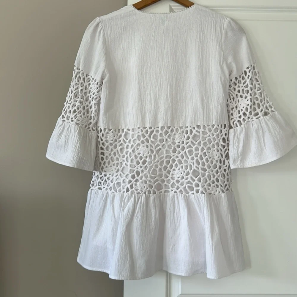 Tyler Boe Izzy Eyelet Topper Crochet Dress w Bell Sleeves Notch Neck White - Picture 10 of 15